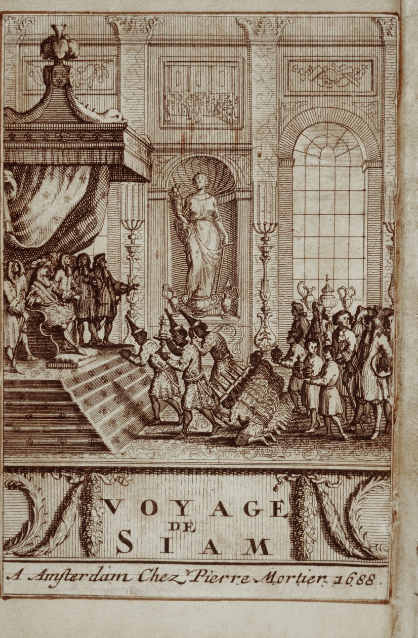 Thailandske ambassadører modtaget i Paris af Louis XIV, frontispice til Journey to Siam af Guy Tachard, 1688 af French School