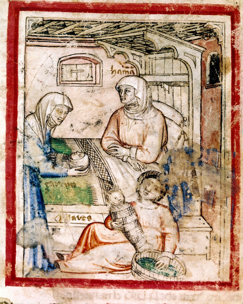 Thamar (Tamar) føder to tvillinger, Perets og Zerah, søn af Juda, miniature fra codex 212 (eller padovano codice eller Bible of Padua) 1390-1400 af French School