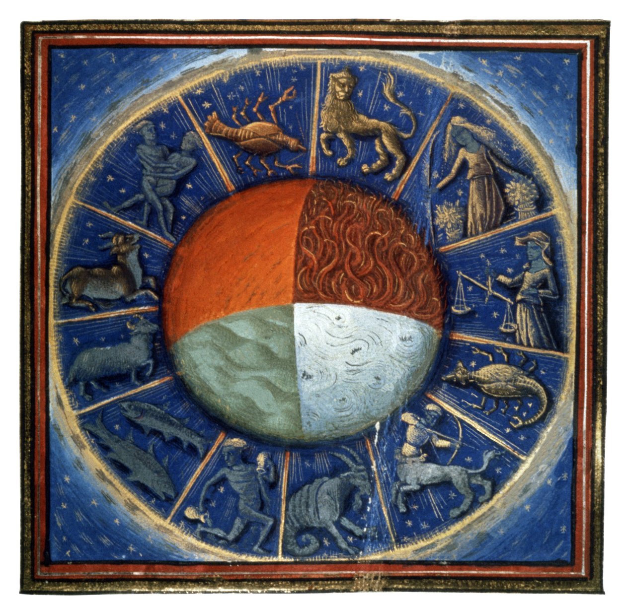 De 4 elementer og dyrekredsen, ca. 1450 (miniature) af French School