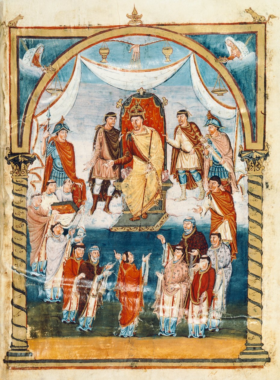 Abbeden Vivian omgivet af munke fra St. Martin af Tours præsenterer bogen til Charles II den Skaldede, 9. århundrede (miniature) af French School
