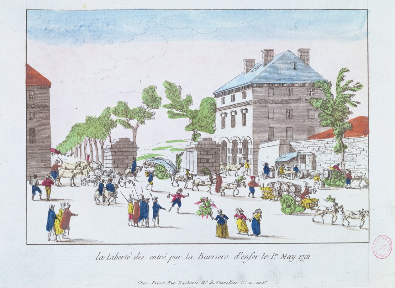 Afskaffelsen af vejafgifter ved Barriere dEnfer, 1. maj 1791, Paris af French School