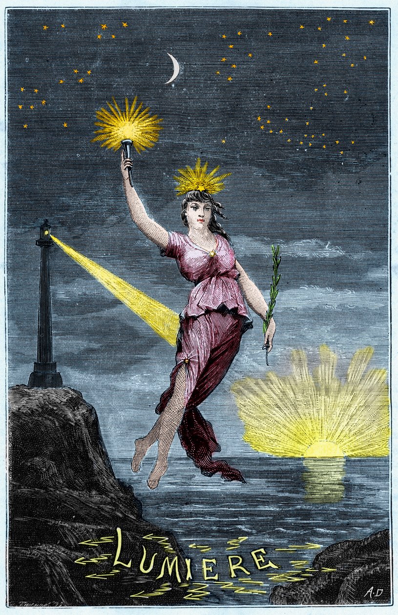 The Allegory of Light - Allegorie de la Lumiere - Indgravering i "Videnskaber gjort tilgængelige for alle - fysik og kemi" af Alexis Clerc - Slutningen af det 19. århundrede - Privat samling af French School