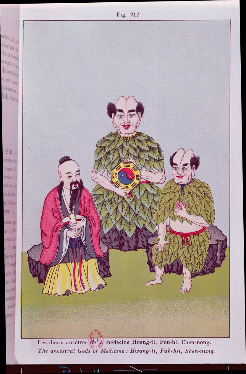 The Ancestral Gods of Medicine: Hwang-ti, Fuh-hsi holder Tai-ki, Shen-nung smager på en lægeplante, illustration efter populære kinesiske billeder (farvegravering) af French School
