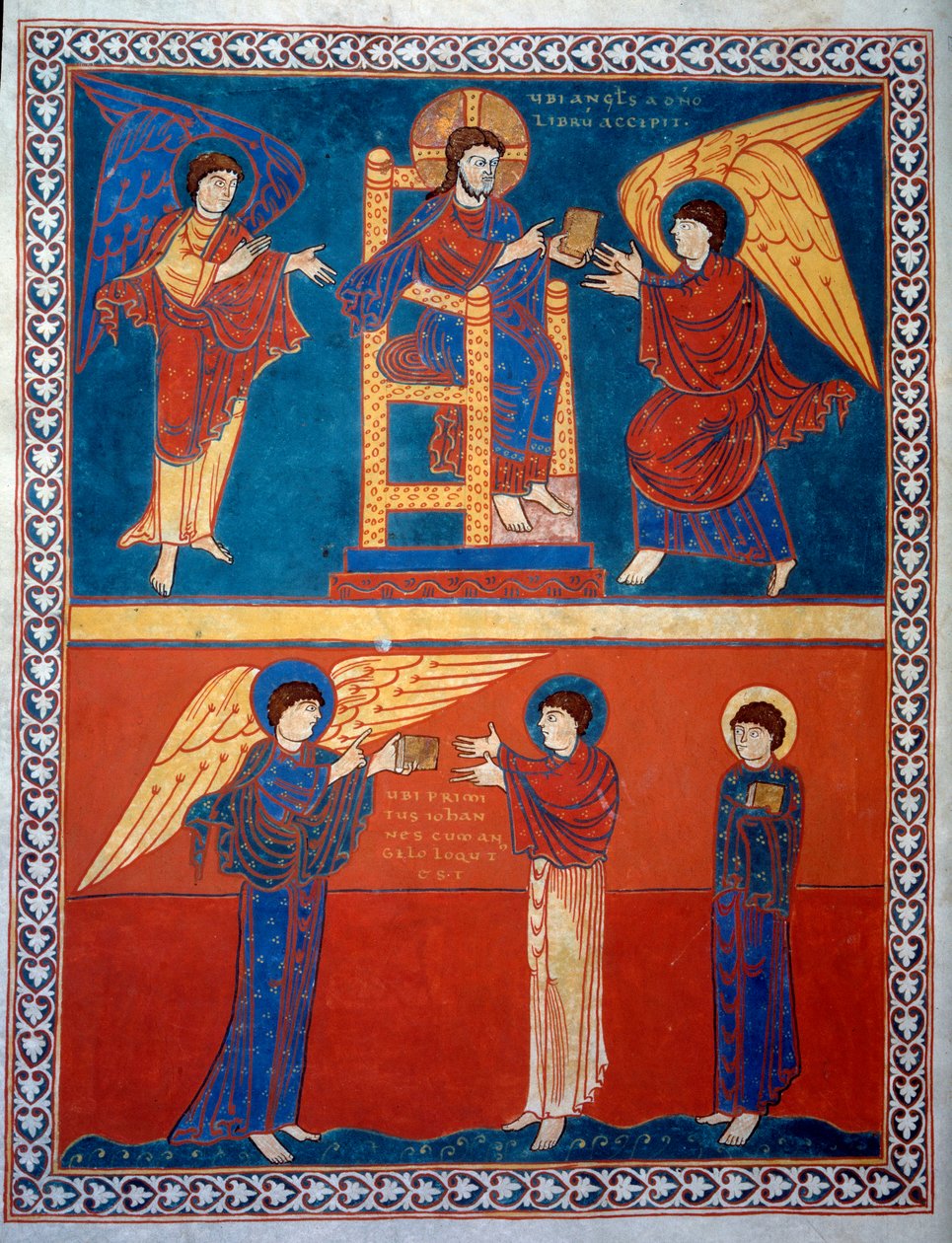 Englen modtog Herrens bog og overrakte den til Saint John Miniature fra kommentarerne til "Åbenbaringen ifølge Saint John" skrevet i 775 af munken Beatus af Liebana af French School