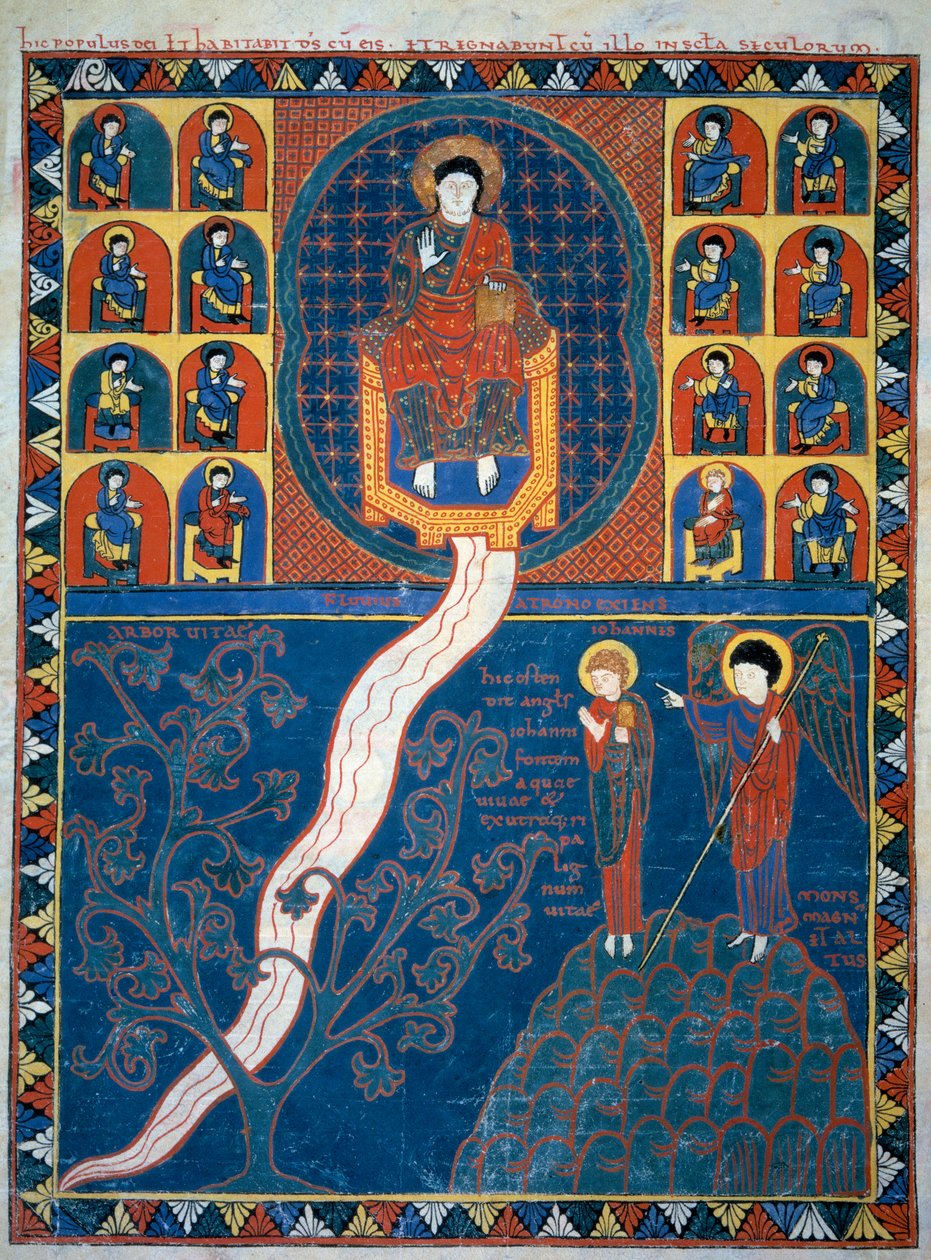 Englen viser Johannes livets flod, der udgår fra Guds trone, og livets træ i miniature fra kommentarerne til "Johannes