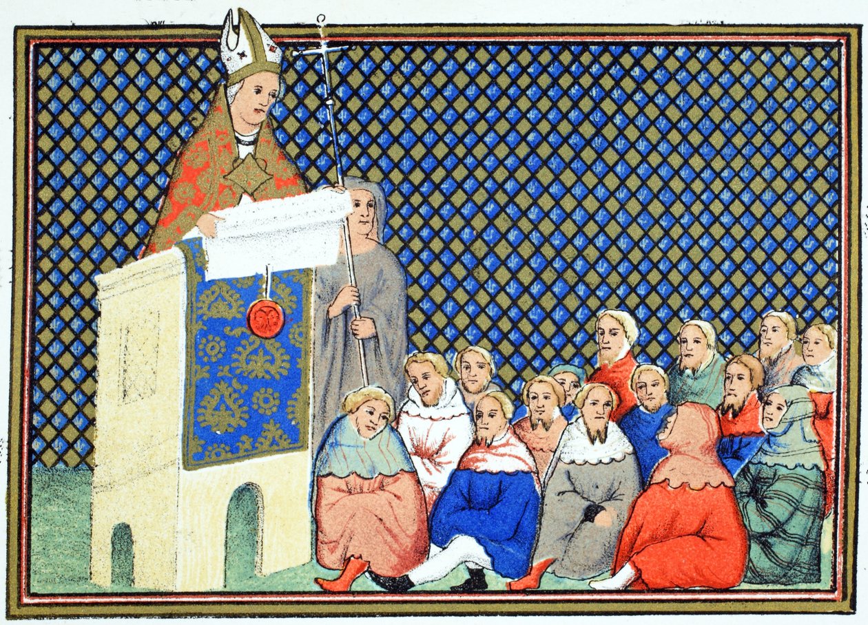 Ærkebiskoppen af Canterbury prædiker for den engelske adel mod Richard II, faksimilekopi fra Le Prinse et Mort du Roy Richart af Jean Creton, genoptrykt 1800-tallet af French School