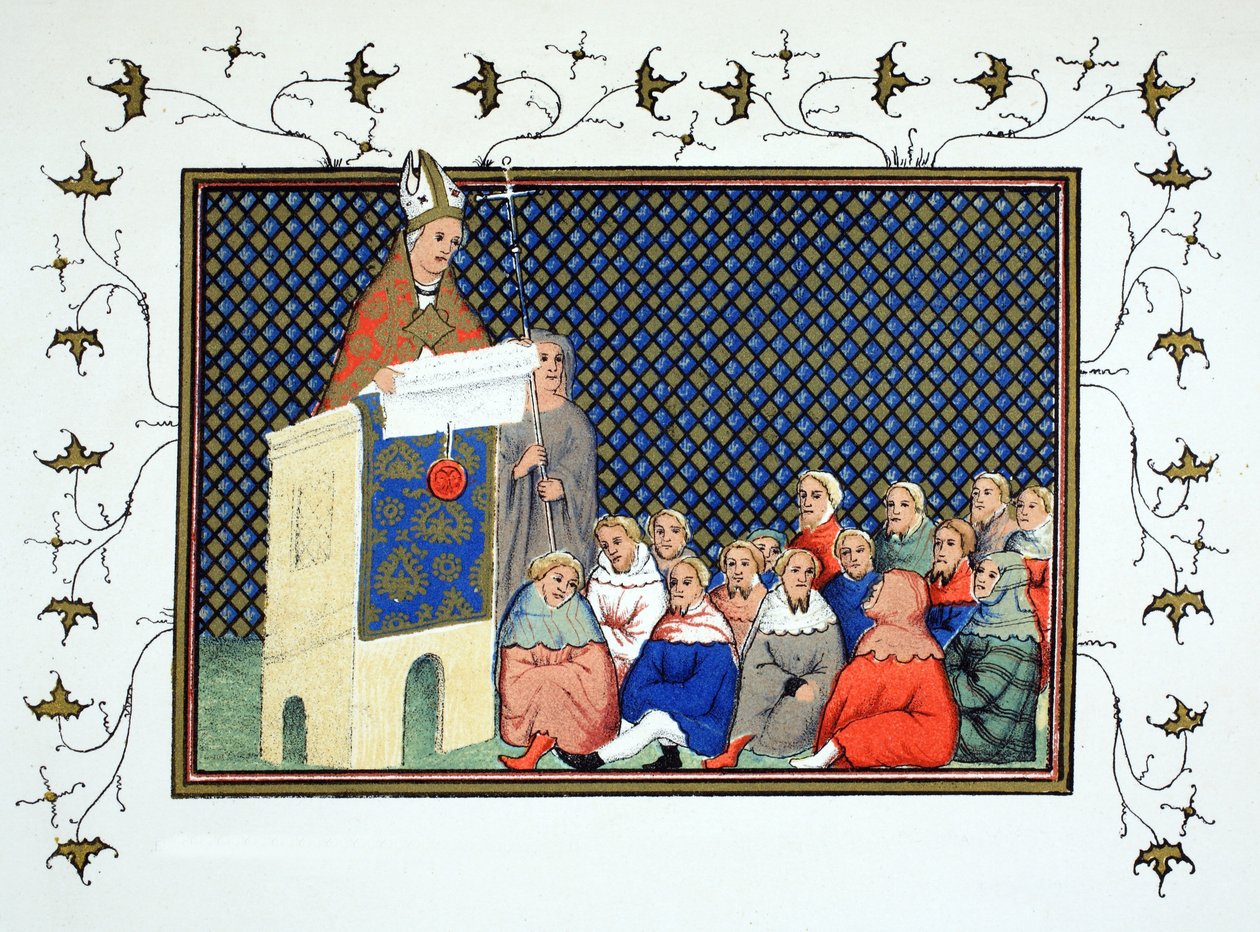 Ærkebiskoppen af Canterbury prædiker for den engelske adel mod Richard II, faksimilekopi fra Le Prinse et Mort du Roy Richart af Jean Creton, genoptrykt 1800-tallet af French School
