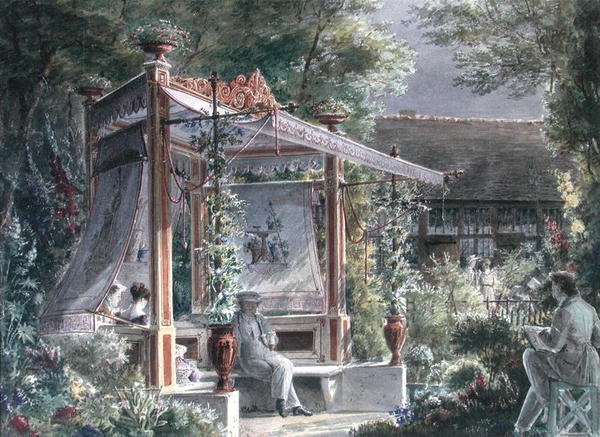 Arkitekten Jacques Ignace Hittorff (1792-1867) i sin have i Paris (gouache på papir) af French School