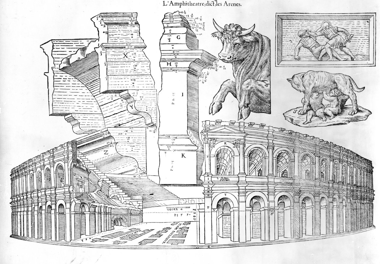 The Arena of Nimes, illustration fra Discours historial de lantique et illustre cite de Nismes af Jean Poldo dAlbenas, udgivet i 1560 af French School