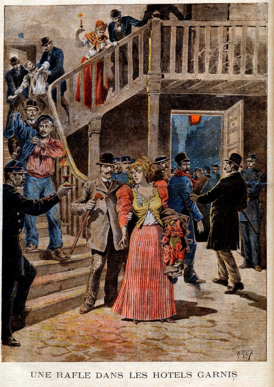 Anholdelsen af prostituerede i Parisiske hoteller (pensionat) - En roundup på hotellerne udfyldt - i "Le Petit Journal" af 04/08/1895 (gravering) af French School