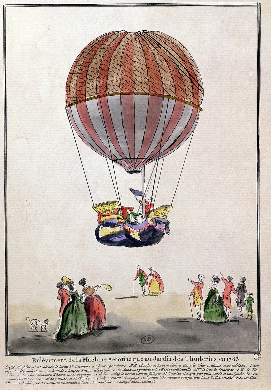 The Ascent of the Aerostat in Jardin des Tuileries, 1. december, 1783 (pen & blæk og wc på papir) af French School
