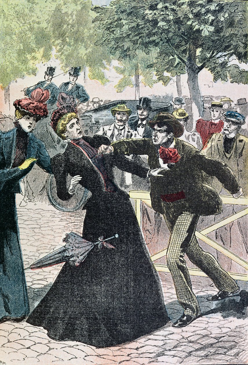 Mordet på Elizabeth (1837-98) Kejserinde af Østrig af Luccheni, 10. september 1898, illustration fra Le Pelerin, 1898 (farvestik) af French School