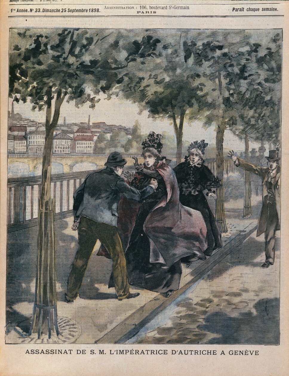 Mordet på Elizabeth (1837-98) Kejserinde af Østrig i Genève, forside af LANnee Illustree, 25. september 1898 (farvestik) af French School