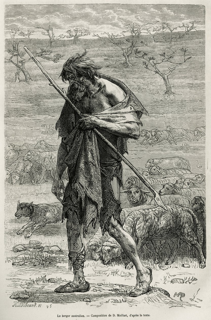 Den australske hyrde, indgraveret efter en tegning af D.Maillart, for at illustrere historien seks måneder i Australien, af Desire Charnay, en missionsopgave fra Ministeriet for Offentlig Undervisning, i 1878, offentliggjort i tour du monde, under ledelse  af French School