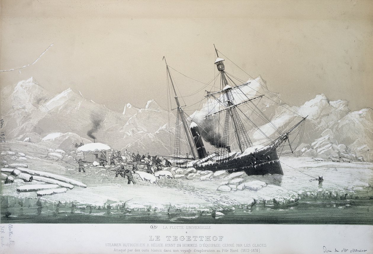 Den østrigske skruedamper Tegetthoff sad fast i is og angrebet af isbjørne under udforskningsrejsen til Nordpolen 1872-4 af French School