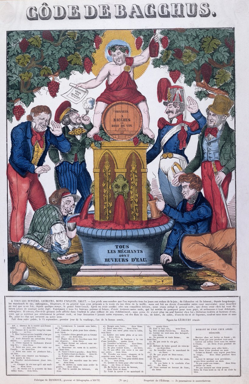 The Bacchus Code, Alle ubehagelige mennesker er vanddrikkere, karikatur om alkoholisme, Imagerie de Metz, ca. 1840 af French School