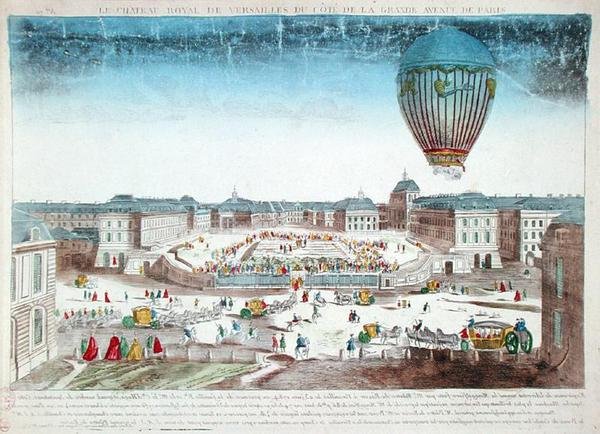 Francois Pilatre de Roziers ballonrejse (1754-96) over Chateau de Versailles, 23. juni af French School