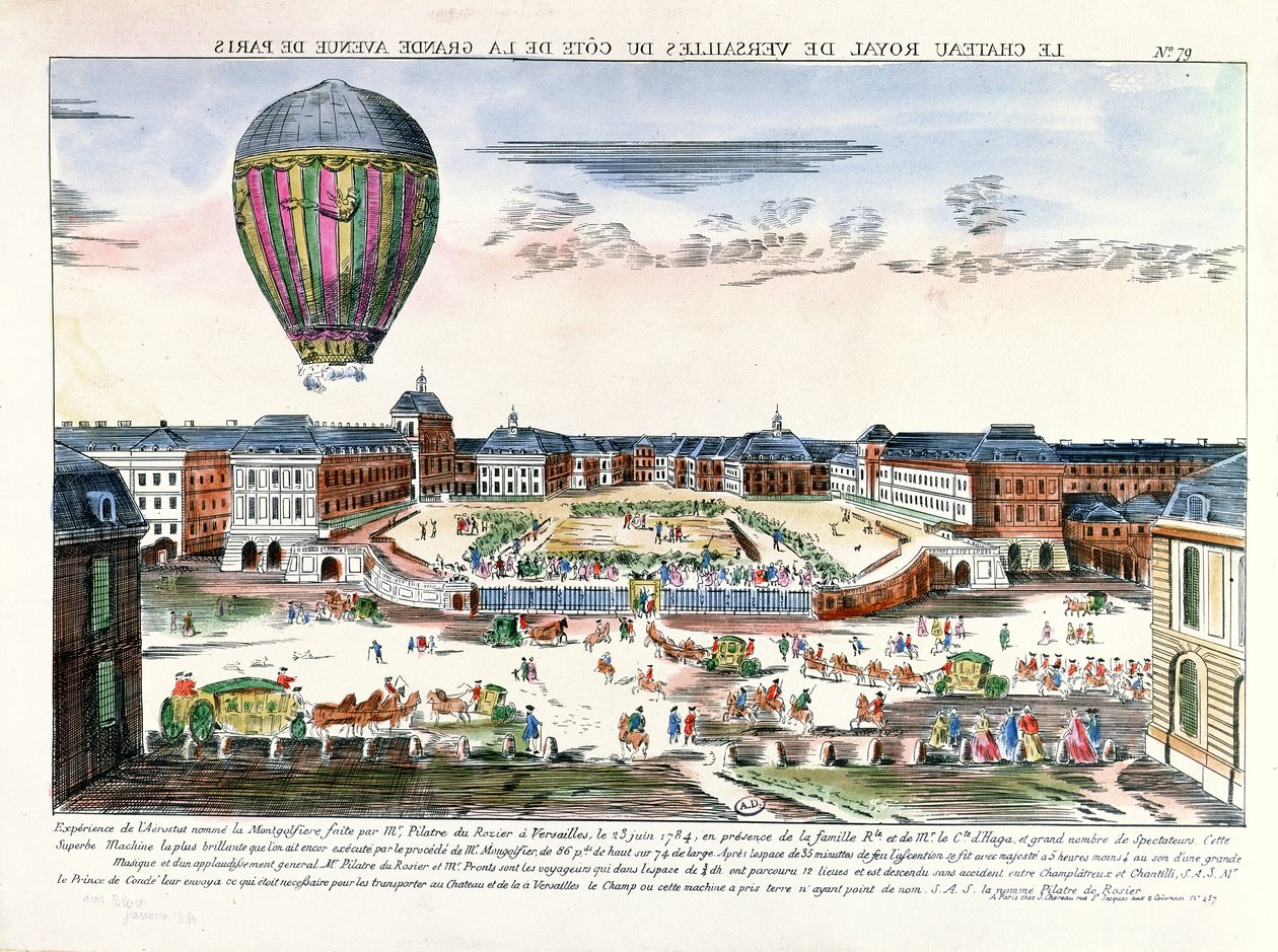 Francois Pilatre de Roziers ballonrejse (1754-96) over Chateau de Versailles, 23. juni, 1784 af French School