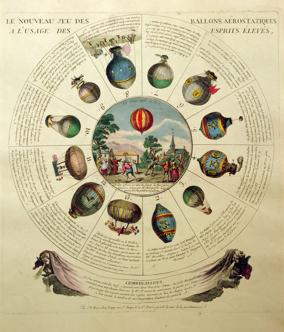 Ballonspillet, med illustrationer af forskellige luftballoner, ca. 1784 af French School