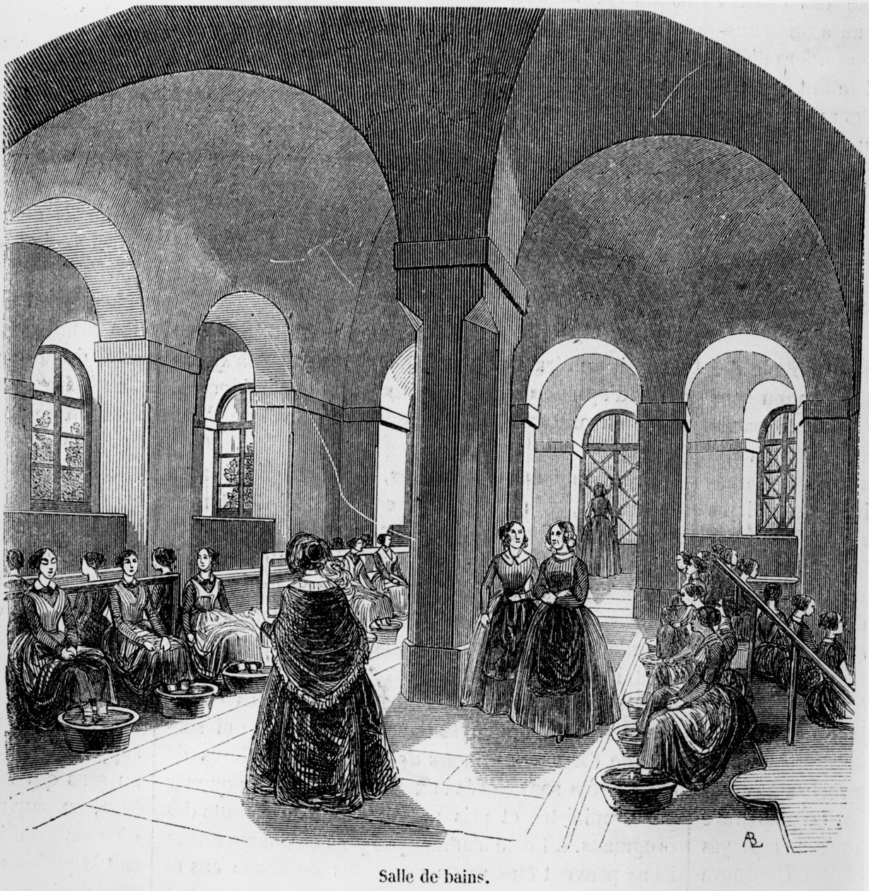 Badeværelset ved Institut for Unge Blinde, i Tableau de Paris af Edmond Texier, udgivet i 1852 af French School