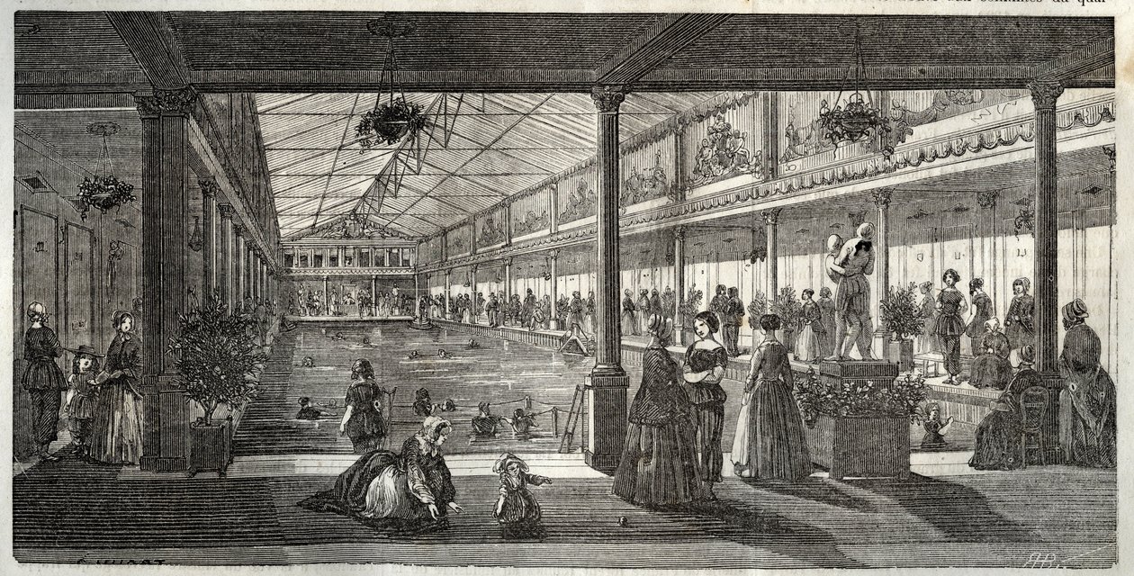 Badene på Hotel Lambert, Ile Saint-Louis, Paris, midten af 1800-tallet - Hotel Lambert, Ile Saint-Louis, svømmeskole for damer - Bain Lambert - - Indgravering i "Tableau-de-Paris" af Edmond Texier 1852 af French School