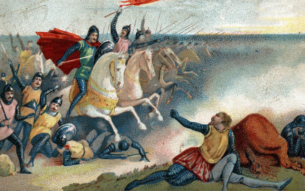 Slaget ved Hastings den 14/10/1066 mellem Sakserne af Harold II og Norman Armee (William I Erobreren). Kromolitografi i slutningen af det 19. århundrede. af French School
