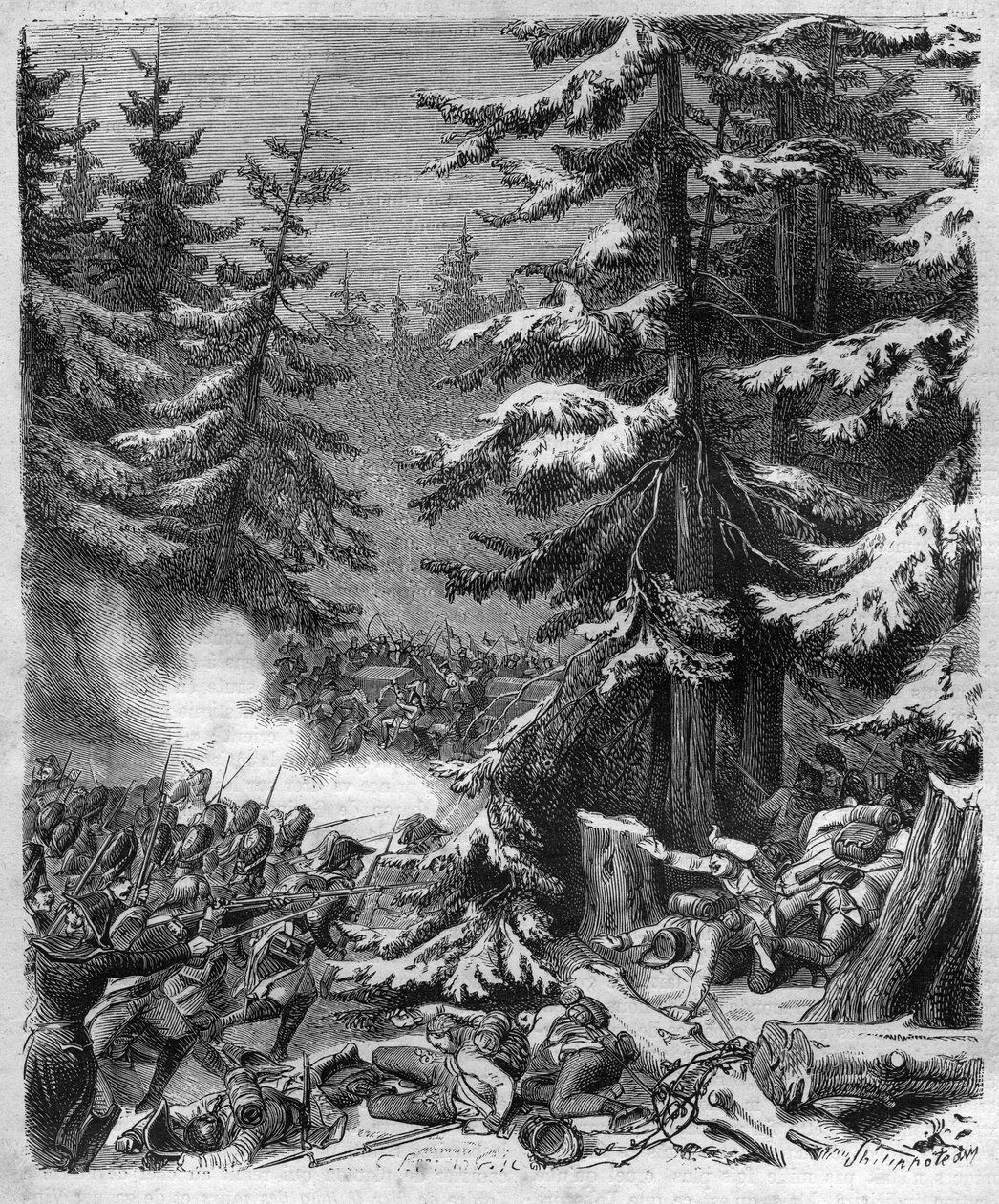 Slaget ved Hohenlinden (nær München, Tyskland) den 12. Frimaire, IX (3. december 1800) mellem de franske tropper af general Jean Victor (Jean-Victor) Moreau og de østrigske og bayerske styrker under kommando af ærkehertug Jean-Baptiste (Jean-Baptiste) ) af af French School