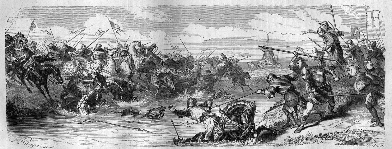 Slaget ved Kortrijk (Slaget ved Golden Spurs) mellem kongen af Frankrig og den flamske kommunale milits den 11. juli af French School