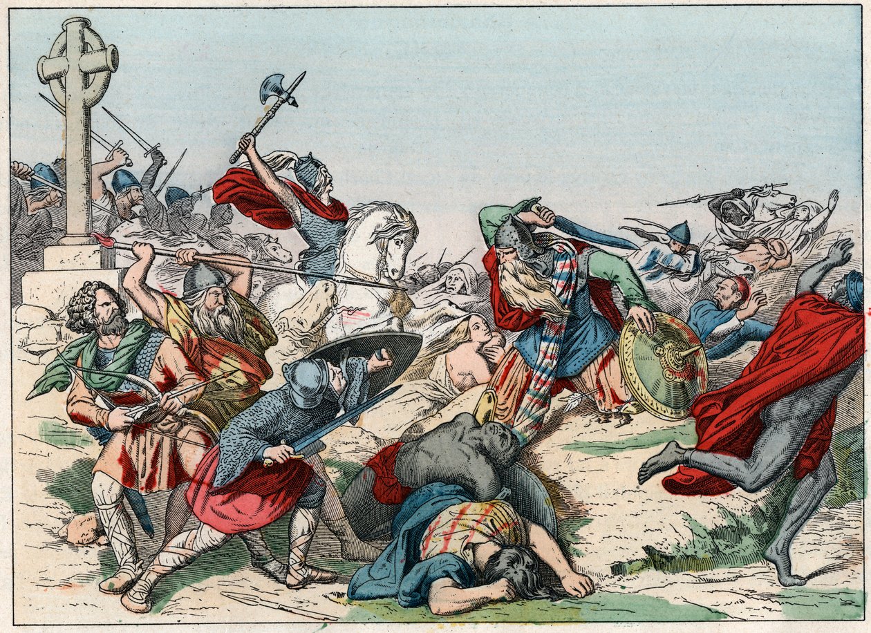 Slaget ved Poitiers den 25. oktober 732 vundet af Charles Martel - Slaget ved Poitiers, 25. oktober 732, vundet af Charles Martel (688-741) - Indgravering af slutningen af det 19. århundrede i "" Nos Gires Nationales - Images et recits ”” af French School