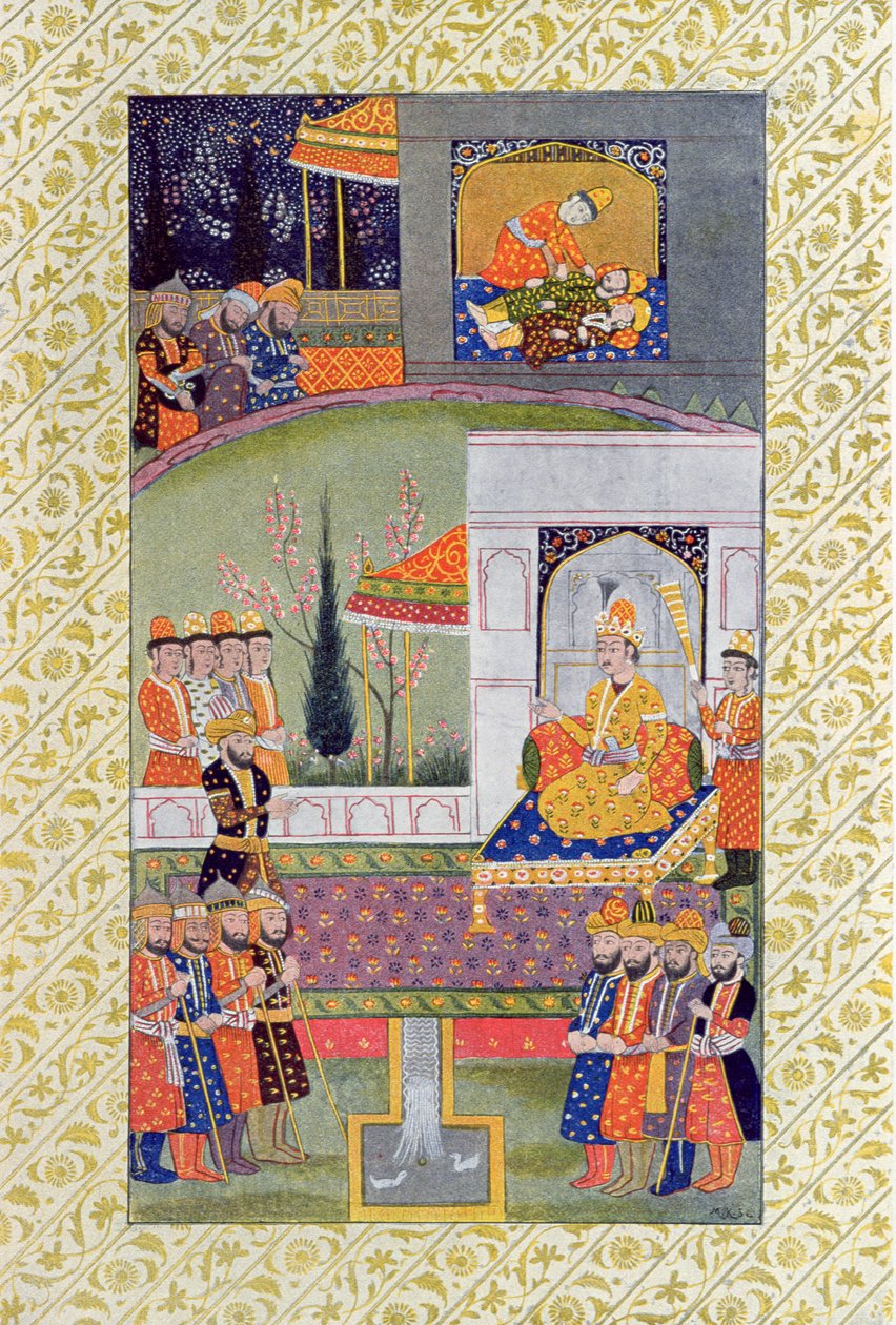 The Bed of Justice, illustration fra The Arabian Nights, 1895 (farvegravering) af French School