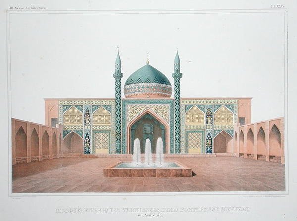 Den Blå Moske, Jerevan, Armenien (farve litho) af French School