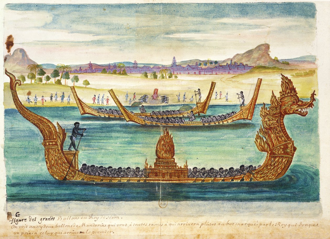 The Boats of the King of Siam, fra en beretning om jesuitterne i Siam, 1688 (wc på papir) af French School
