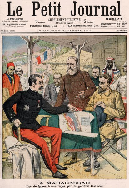 Boer-delegationen modtaget af general Joseph Simon Gallieni (1849-1916) på Madagaskar, forsiden af Le Petit Journal farvetillæg n.625, 9. november 1902 af French School