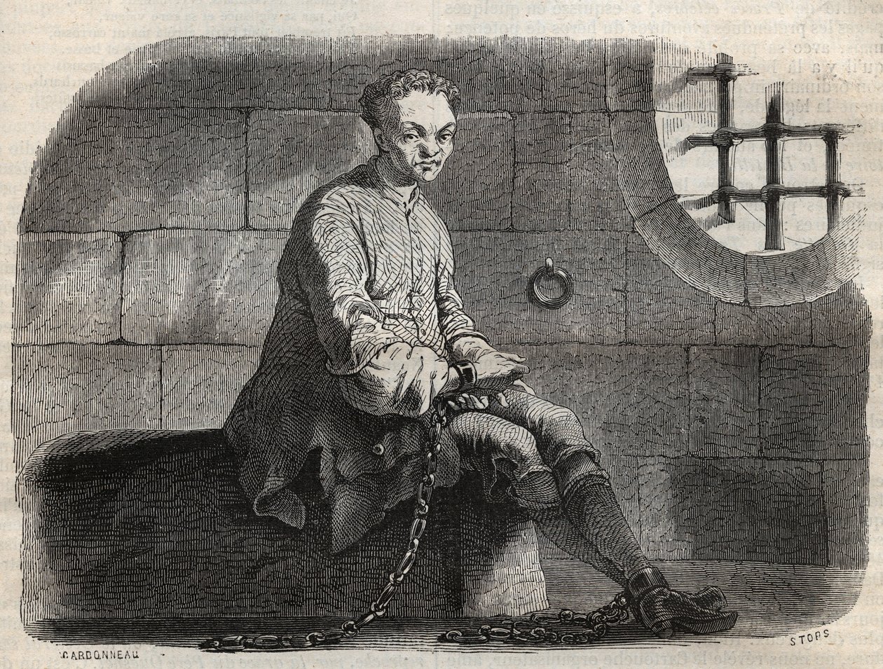 Brigand Louis Dominique Garthausen dit patron (1693-1721) i fængsel - Indgravering i "" Causes celebres de tous les peuple"" af Armand Fouquier (1817-18?) 1858-1867 - privat samling af French School