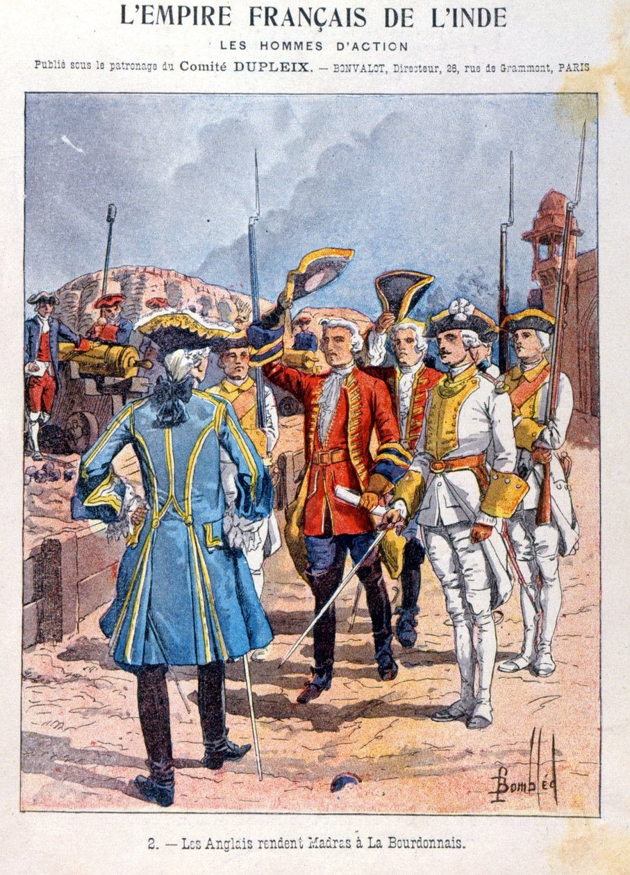 Briterne overgiver Madras til den franske kommandant Mahe de la Bourdonnais 21. september 1746, omslag til skoleøvelsesbog, ca. 1900 af French School
