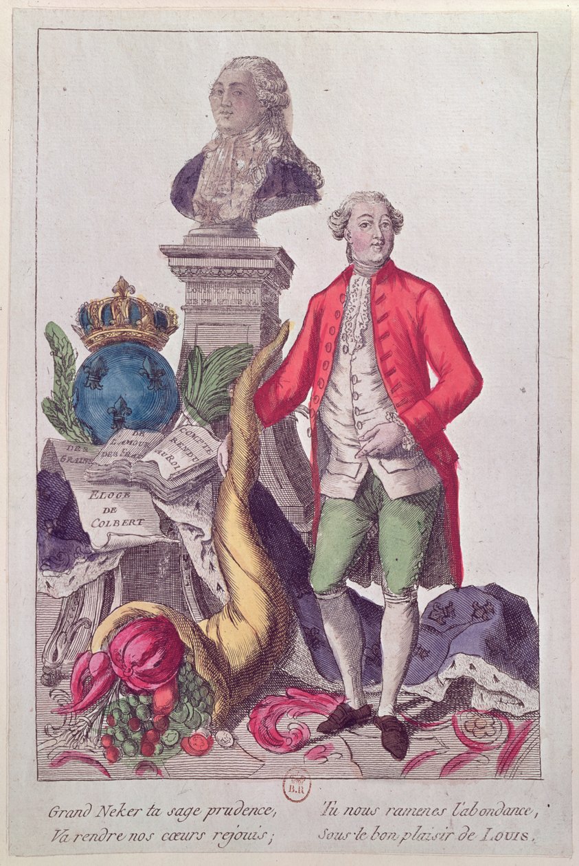 The Call of Jacques Necker (1732-1804) 16. juli 1789 (farvet gravering) af French School