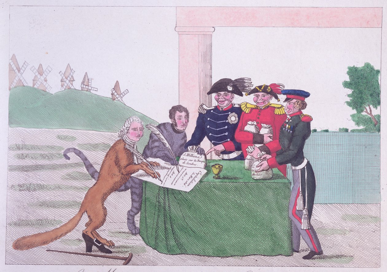 Kapitulationen, karikatur af Charles Maurice de Talleyrand-Perigord (1754-1838) 30. marts 1814 af French School