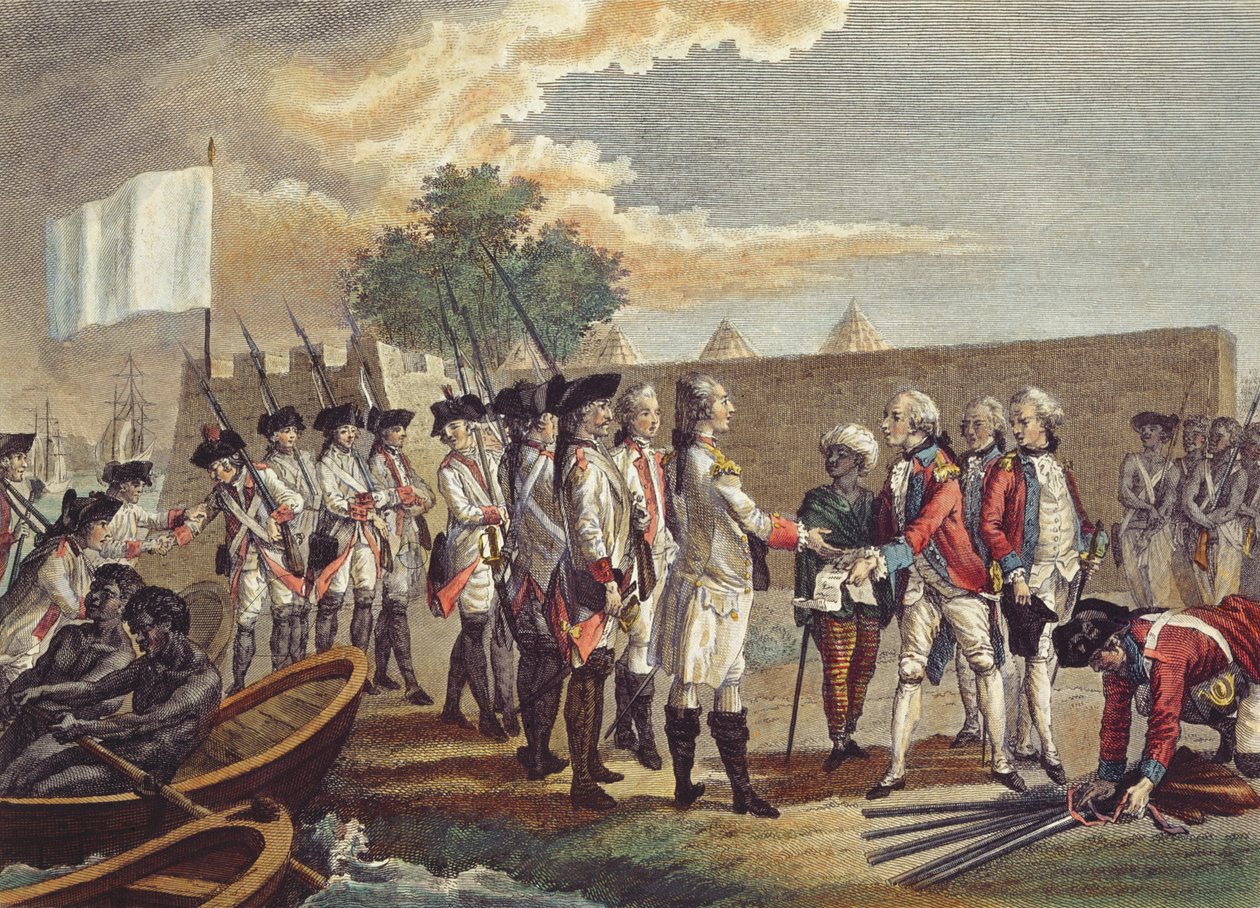 Capture of Senegal, graveret af Nicholas Ponce (1746-1831) 1799 (farvegravering) af French School
