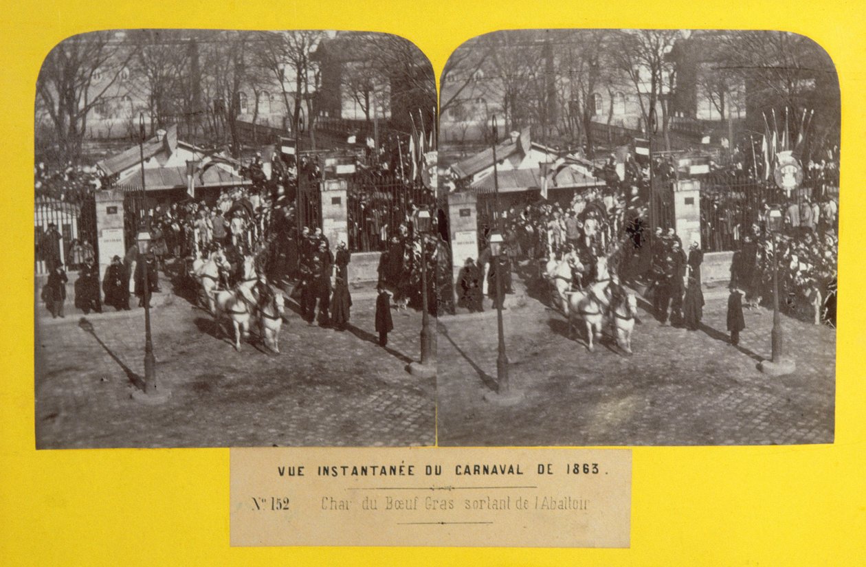 Karnevallet i 1863 i Paris, den fede okseflyder forlader slagteriet, stereoskopisk udsigt, 1863 af French School