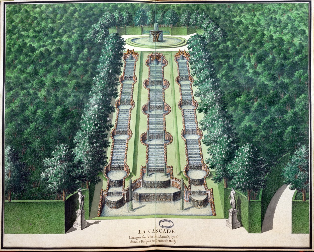 Cascade, ændret i slutningen af 1706, i lunden på bakken, fra Gardens of Marly, begyndelsen af det 18. århundrede (wc på papir) af French School