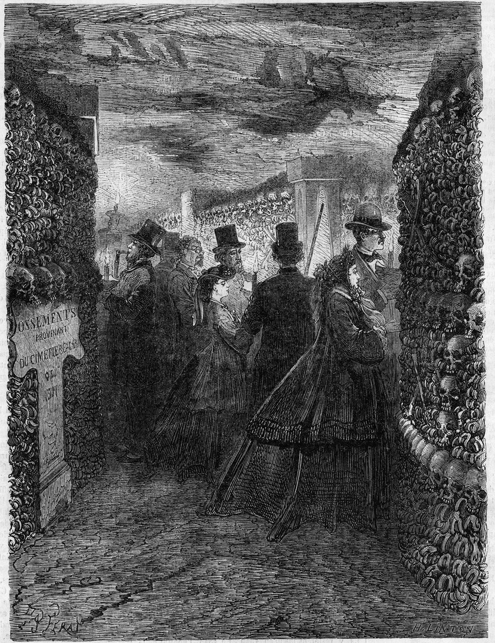 Katakomberne i Paris i 1865: Et besøg på gallerierne i Ossuaire. af French School