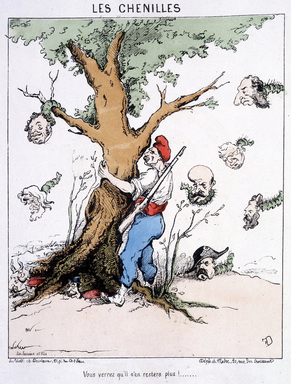 Larverne: "" Du vil se, at der ikke vil være mere"" (en mand iført en frygisk kasket ryster et træ, hvorfra storhovedede larver falder: Thiers osv.). Tegnefilm om kommunen. af French School