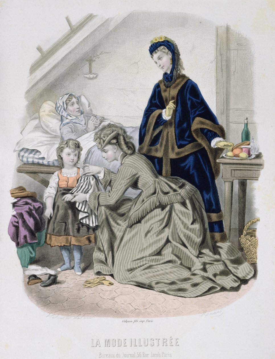 The Charitable Visit, illustration fra La Mode Illustree, ca. 1870 (farvegravering) af French School