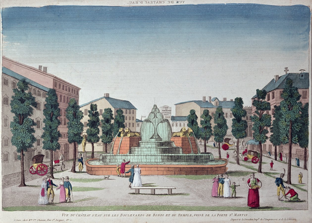 Chateau dEau-fontænen på Boulevard du Temple, Paris (farvegravering) af French School