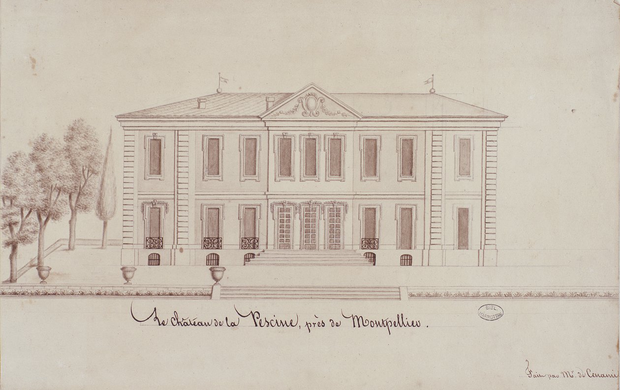 Chateau de la Piscine, nær Montpellier, tegnet af Monsieur de Cenani (blyant og blæk på papir) af French School