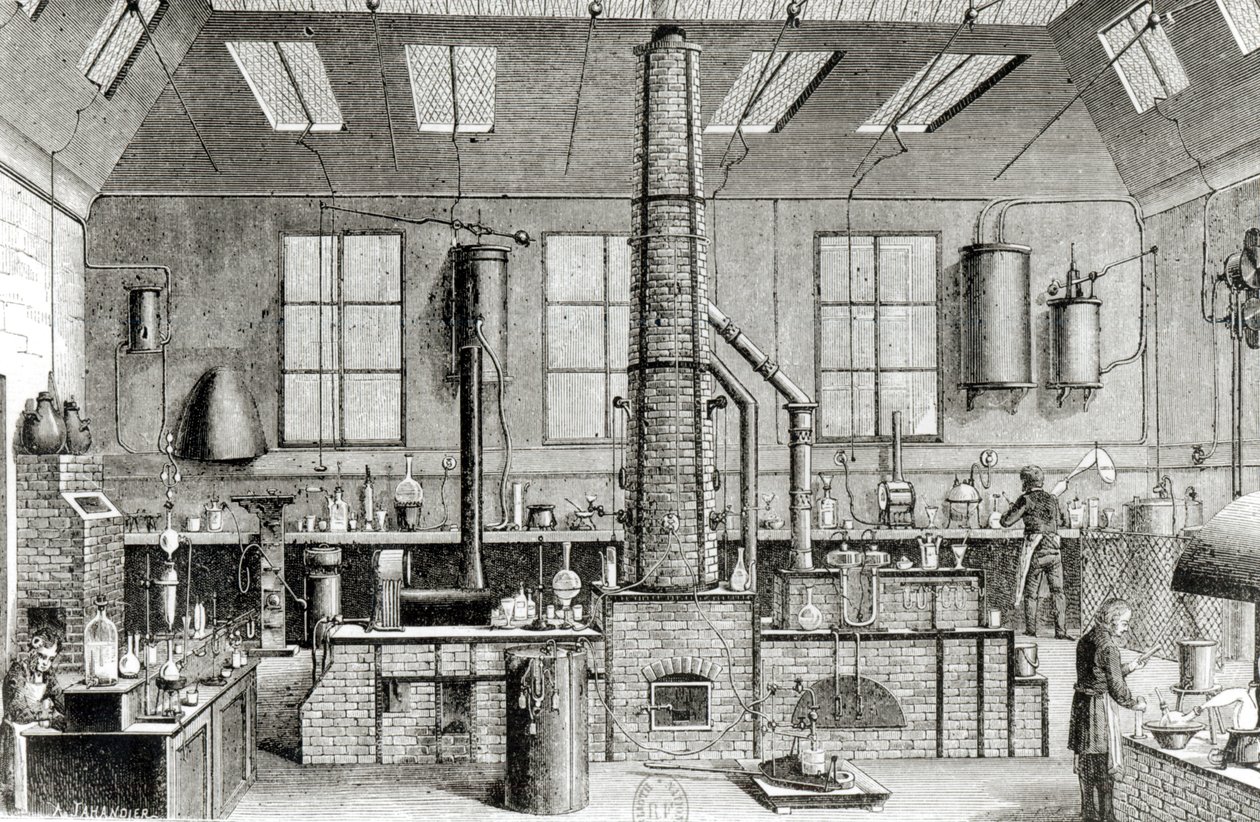 Kemilaboratoriet på en skole i Paris, fra Almanach du Magasin Pittoresque, 1870 af French School
