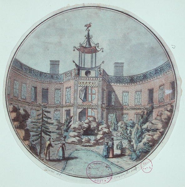 De kinesiske bade i Paris, etableret af Lenoir (farvet gravering) af French School