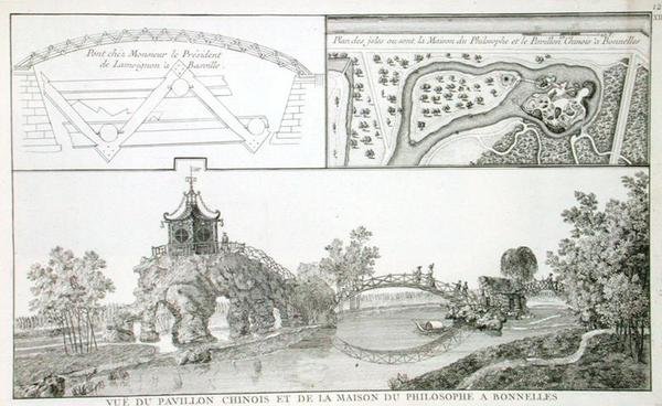 Den kinesiske pavillon og Filosofiens hus i Parc de Bonnelles, nær Paris, fra 