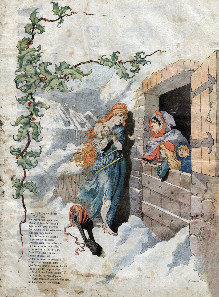Cigalen og myren. Fabler af Jean de La Fontaine (1621-95). Illustration af Michelet SC. slutningen af det 19. århundrede. af French School