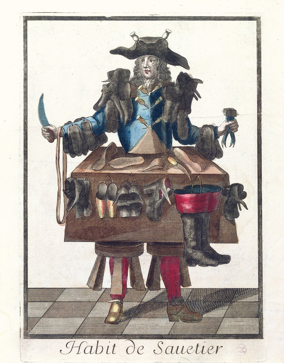 The Cobbler, et allegorisk kostumedesign, efter et billede indgraveret af en af Larmessin-familien, ca. 1640-84 af French School